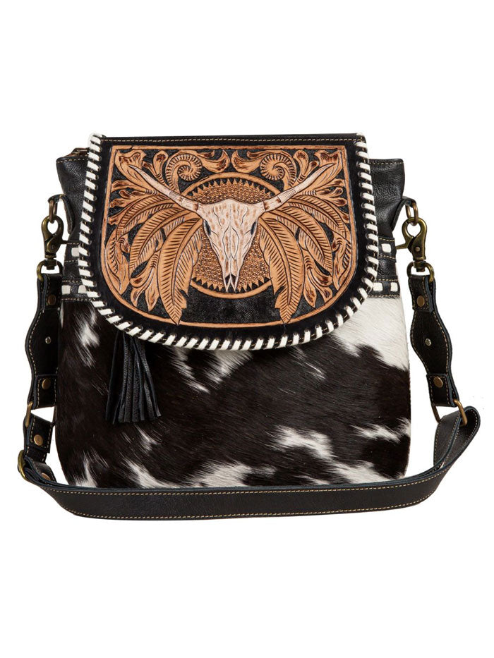 Myra Bag S-7956 Womens Spirit of the Herd HandTooled Bag Black front view. If you need any assistance with this item or the purchase of this item please call us at five six one seven four eight eight eight zero one Monday through Saturday 10:00a.m EST to 8:00 p.m EST