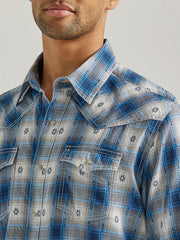 Wrangler 112338151 Mens Retro Long Sleeve Shirt Blue Geo Overprint front close up. If you need any assistance with this item or the purchase of this item please call us at five six one seven four eight eight eight zero one Monday through Saturday 10:00a.m EST to 8:00 p.m EST