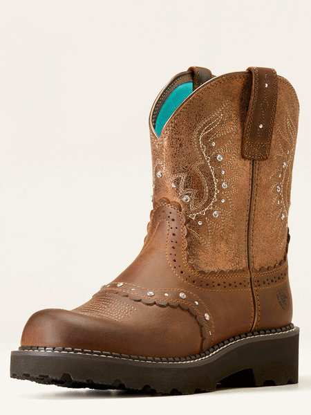 Ariat 10047013 Womens Fatbaby Gembaby Western Boot Distressed Brown front and side view. If you need any assistance with this item or the purchase of this item please call us at five six one seven four eight eight eight zero one Monday through Saturday 10:00a.m EST to 8:00 p.m EST