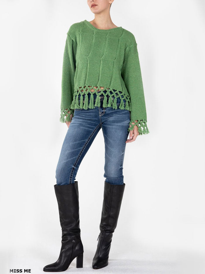 Miss Me MSW0421L Womens Knitted Fringe Sweater Green close up. If you need any assistance with this item or the purchase of this item please call us at five six one seven four eight eight eight zero one Monday through Saturday 10:00a.m EST to 8:00 p.m EST