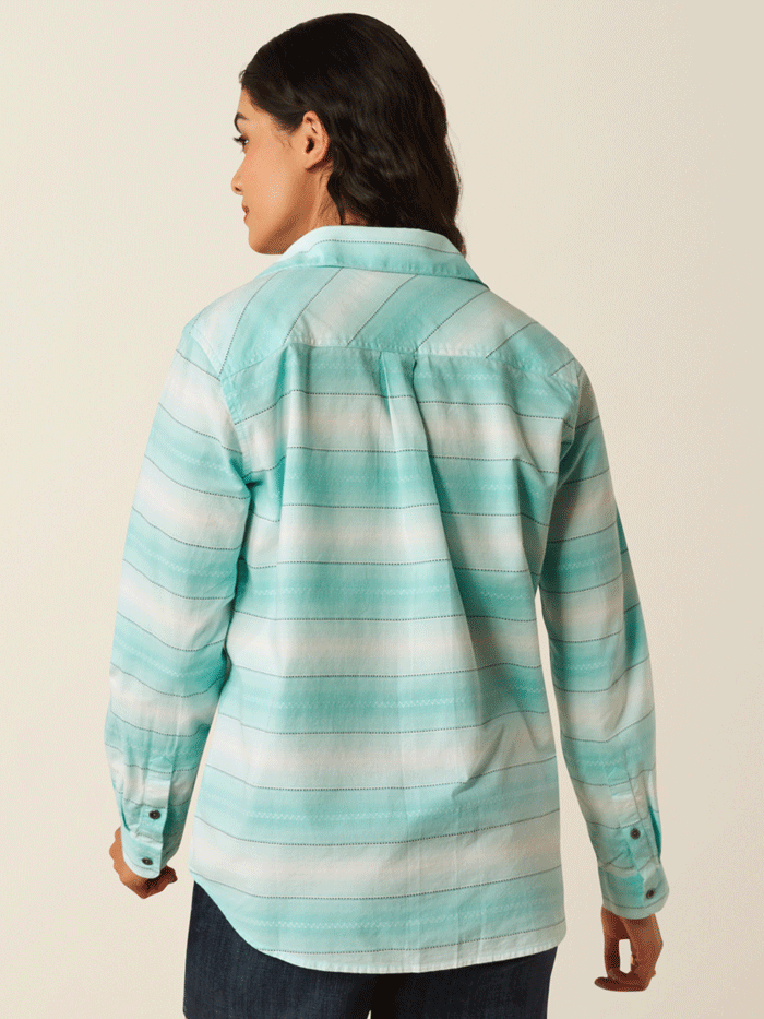 Ariat 10055216 Womens REAL Billie Jean Shirt Turquoise Stripe front view. If you need any assistance with this item or the purchase of this item please call us at five six one seven four eight eight eight zero one Monday through Saturday 10:00a.m EST to 8:00 p.m EST

