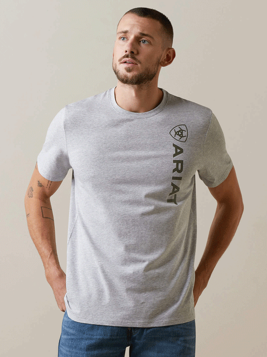 Ariat 10043371 Mens Vertical Logo T-Shirt Heather Grey front view. If you need any assistance with this item or the purchase of this item please call us at five six one seven four eight eight eight zero one Monday through Saturday 10:00a.m EST to 8:00 p.m EST