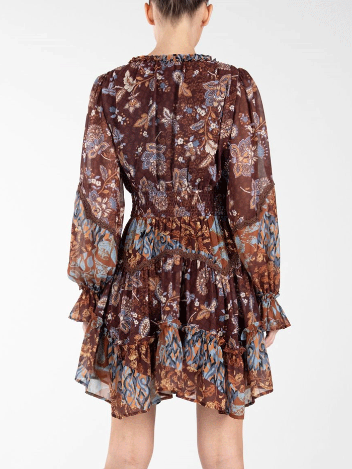 Miss Me MD1815L Womens Paisley Print Chiffon Peasant Mini Dress Brown front view. If you need any assistance with this item or the purchase of this item please call us at five six one seven four eight eight eight zero one Monday through Saturday 10:00a.m EST to 8:00 p.m EST