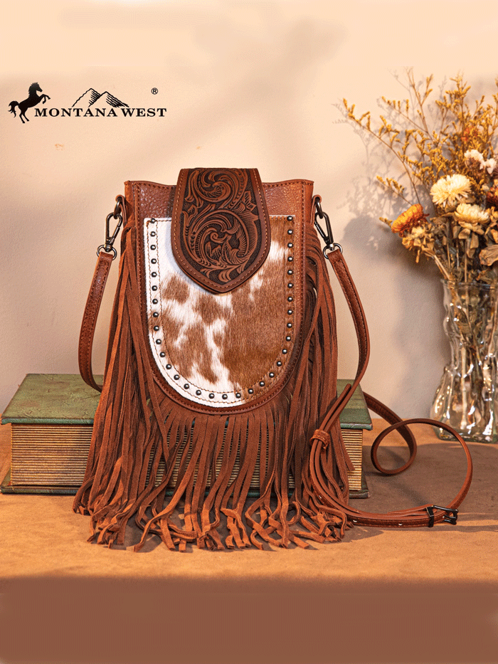 Trinity Ranch TR180-8360BR Womens Genuine Hair On Cowhide Tooled Fringe Crossbody Bag Brown front view. If you need any assistance with this item or the purchase of this item please call us at five six one seven four eight eight eight zero one Monday through Saturday 10:00a.m EST to 8:00 p.m EST

