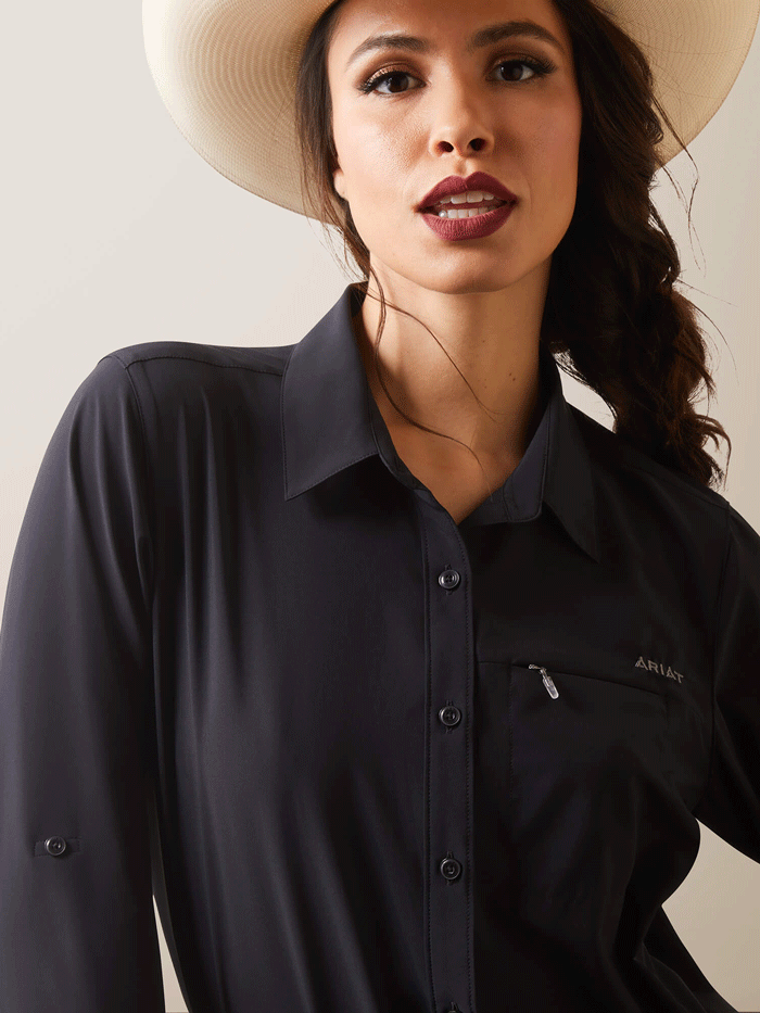 Ariat 10043494 Womens VentTEK Stretch Shirt Black front view. If you need any assistance with this item or the purchase of this item please call us at five six one seven four eight eight eight zero one Monday through Saturday 10:00a.m EST to 8:00 p.m EST