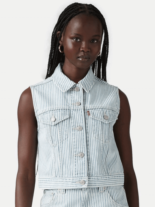 Levi's A74370007 Womens Handy Woman Trucker XS Vest Light Wash front view on model. If you need any assistance with this item or the purchase of this item please call us at five six one seven four eight eight eight zero one Monday through Saturday 10:00a.m EST to 8:00 p.m EST