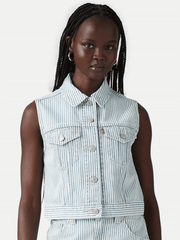 Levi's A74370007 Womens Handy Woman Trucker XS Vest Light Wash front view on model. If you need any assistance with this item or the purchase of this item please call us at five six one seven four eight eight eight zero one Monday through Saturday 10:00a.m EST to 8:00 p.m EST