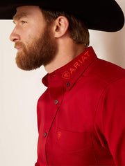 Ariat 10047224 Mens Team Logo Twill Fitted Shirt Cranberry Crimson side collar close up. If you need any assistance with this item or the purchase of this item please call us at five six one seven four eight eight eight zero one Monday through Saturday 10:00a.m EST to 8:00 p.m EST