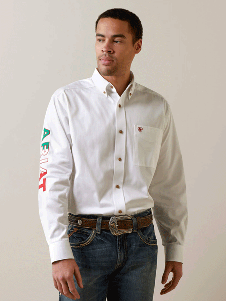 Ariat 10040911 Mens Team Logo Twill Classic Fit Shirt Mexico White front view. If you need any assistance with this item or the purchase of this item please call us at five six one seven four eight eight eight zero one Monday through Saturday 10:00a.m EST to 8:00 p.m EST