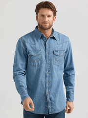 Wrangler 112361699 Mens Classic Denim Western Snap Shirt Light Wash front view. If you need any assistance with this item or the purchase of this item please call us at five six one seven four eight eight eight zero one Monday through Saturday 10:00a.m EST to 8:00 p.m EST