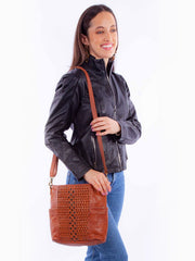 Scully B368-COG Womens Leather Handbag Cognac front view on model. If you need any assistance with this item or the purchase of this item please call us at five six one seven four eight eight eight zero one Monday through Saturday 10:00a.m EST to 8:00 p.m EST