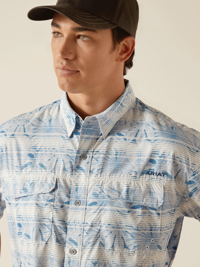 Ariat 10048736 Mens VentTEK Outbound Classic Fit Short Sleeve Shirt Blue Dawn front view. If you need any assistance with this item or the purchase of this item please call us at five six one seven four eight eight eight zero one Monday through Saturday 10:00a.m EST to 8:00 p.m EST