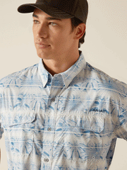Ariat 10048736 Mens VentTEK Outbound Classic Fit Short Sleeve Shirt Blue Dawn close up view of front. If you need any assistance with this item or the purchase of this item please call us at five six one seven four eight eight eight zero one Monday through Saturday 10:00a.m EST to 8:00 p.m EST