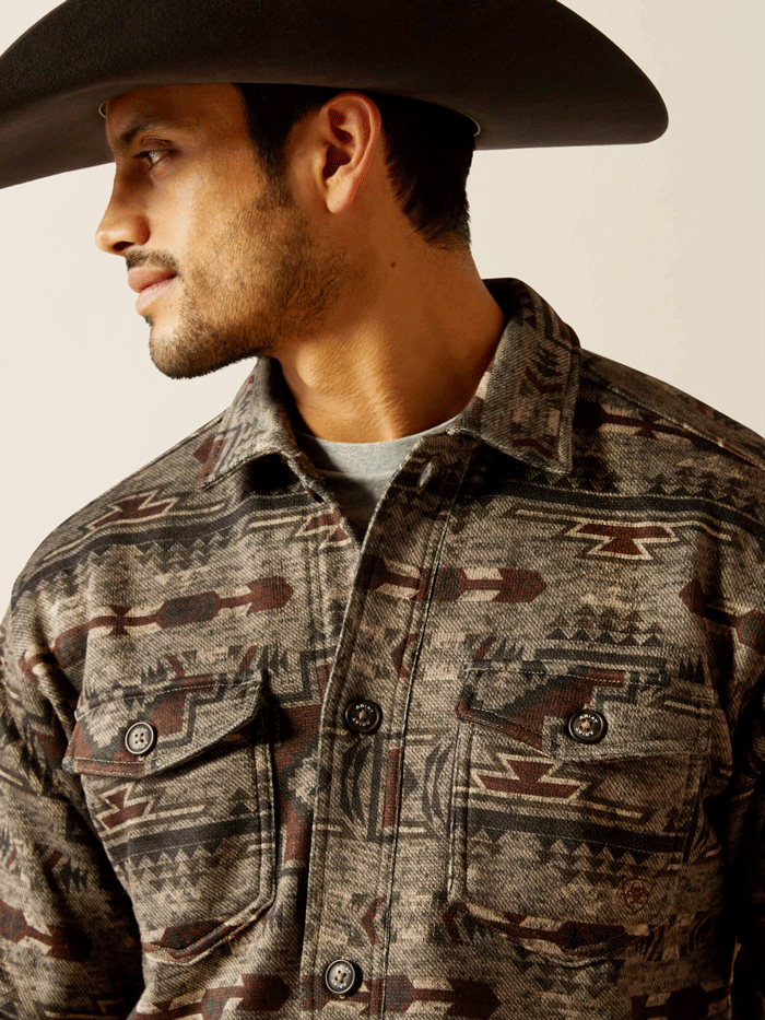 Ariat 10052781 Mens Caldwell Printed Shirt Jacket Brindle front view. If you need any assistance with this item or the purchase of this item please call us at five six one seven four eight eight eight zero one Monday through Saturday 10:00a.m EST to 8:00 p.m EST