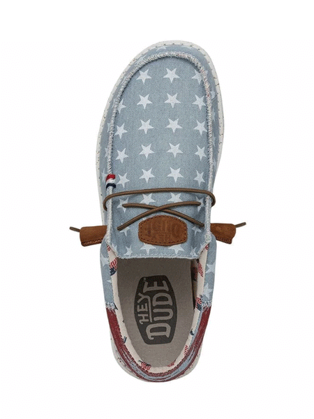 Hey Dude 40395-4NR Mens Wally Americana Shoe Denim Star top view from above. If you need any assistance with this item or the purchase of this item please call us at five six one seven four eight eight eight zero one Monday through Saturday 10:00a.m EST to 8:00 p.m EST