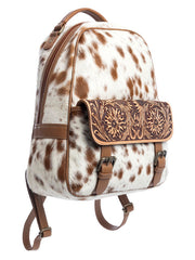 Myra Bag S-10724 Womens La Jara Hand-Tooled Backpack Bag Brown side / front view. If you need any assistance with this item or the purchase of this item please call us at five six one seven four eight eight eight zero one Monday through Saturday 10:00a.m EST to 8:00 p.m EST