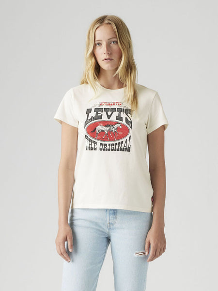 Levi's 173693022 Womens The Perfect Tee Horse Poster Sugar Swizzle White front view. If you need any assistance with this item or the purchase of this item please call us at five six one seven four eight eight eight zero one Monday through Saturday 10:00a.m EST to 8:00 p.m EST