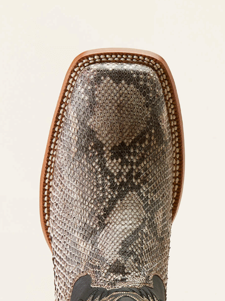 Ariat 10047081 Mens Dry Gulch Python Cowboy Boot Tan Ancient Black toe view from above. If you need any assistance with this item or the purchase of this item please call us at five six one seven four eight eight eight zero one Monday through Saturday 10:00a.m EST to 8:00 p.m EST