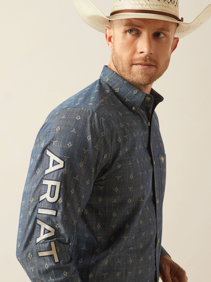 Ariat 10054732 Mens Team Philibert Classic Fit Shirt Chambray Blue front view. If you need any assistance with this item or the purchase of this item please call us at five six one seven four eight eight eight zero one Monday through Saturday 10:00a.m EST to 8:00 p.m EST

