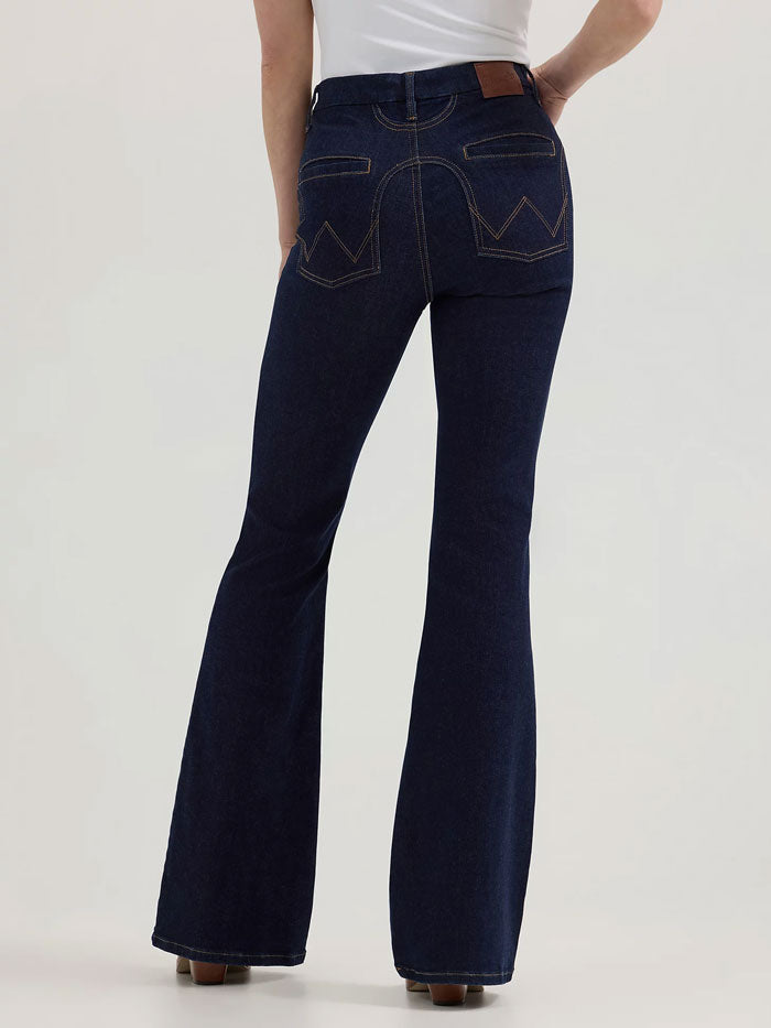 Wrangler 112361641 Womens Bespoke High Rise Fashion Flare Jean Adalyn Navy front view. If you need any assistance with this item or the purchase of this item please call us at five six one seven four eight eight eight zero one Monday through Saturday 10:00a.m EST to 8:00 p.m EST