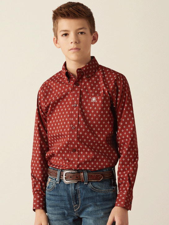 Ariat 10054071 Kids Pax Classic Fit Shirt Burgundy front view. If you need any assistance with this item or the purchase of this item please call us at five six one seven four eight eight eight zero one Monday through Saturday 10:00a.m EST to 8:00 p.m EST