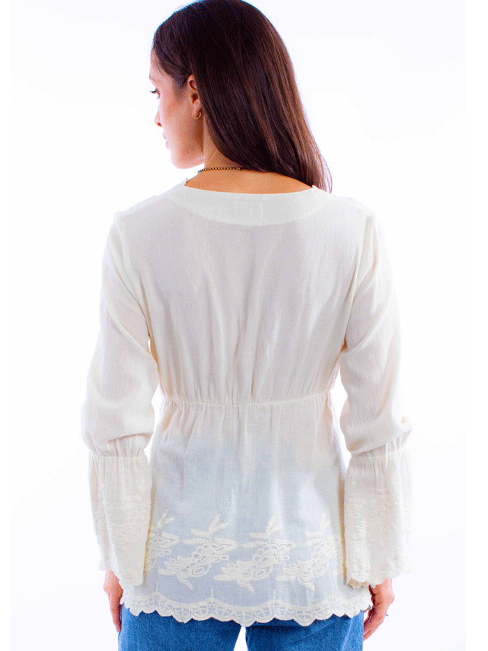 Scully PSL-221-VAN Womens Plunging Neck Line With Bell Sleeves Top Vanilla Ivory front view. If you need any assistance with this item or the purchase of this item please call us at five six one seven four eight eight eight zero one Monday through Saturday 10:00a.m EST to 8:00 p.m EST