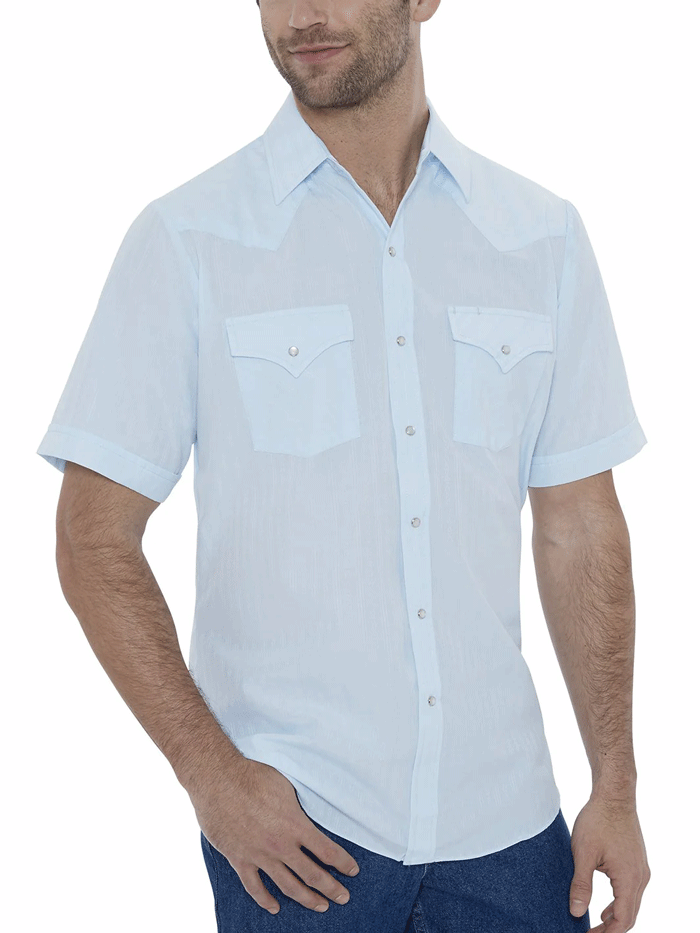 Ely Cattleman 15201634-82 Mens Short Sleeve Tone On Tone Western Shirt Tonal Blue front view tucked in. If you need any assistance with this item or the purchase of this item please call us at five six one seven four eight eight eight zero one Monday through Saturday 10:00a.m EST to 8:00 p.m EST