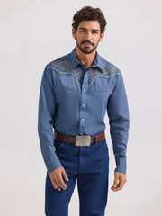 Wrangler 112360119 Mens Rodeo Ben Long Sleeve Shirt Blue front view. If you need any assistance with this item or the purchase of this item please call us at five six one seven four eight eight eight zero one Monday through Saturday 10:00a.m EST to 8:00 p.m EST