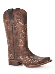 Circle G L5079 Ladies Bone Dragonfly Embroidery Square Toe Boots Brown front and side. If you need any assistance with this item or the purchase of this item please call us at five six one seven four eight eight eight zero one Monday through Saturday 10:00a.m EST to 8:00 p.m EST