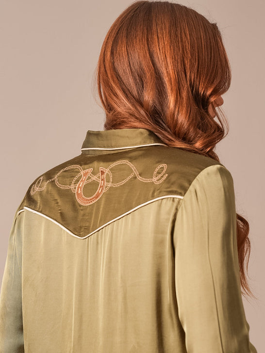 Kimes Ranch MERADA Womens Western Shirt Moss back view. If you need any assistance with this item or the purchase of this item please call us at five six one seven four eight eight eight zero one Monday through Saturday 10:00a.m EST to 8:00 p.m EST