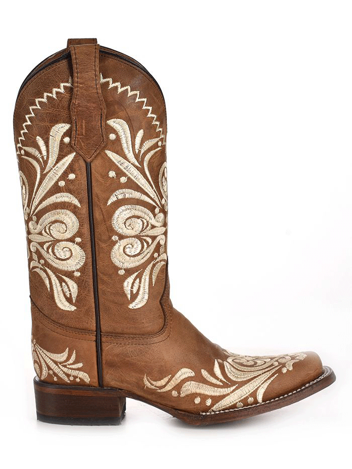 Circle G L5409 Ladies Embroidery Square Toe Boots Tan front and side view. If you need any assistance with this item or the purchase of this item please call us at five six one seven four eight eight eight zero one Monday through Saturday 10:00a.m EST to 8:00 p.m EST
