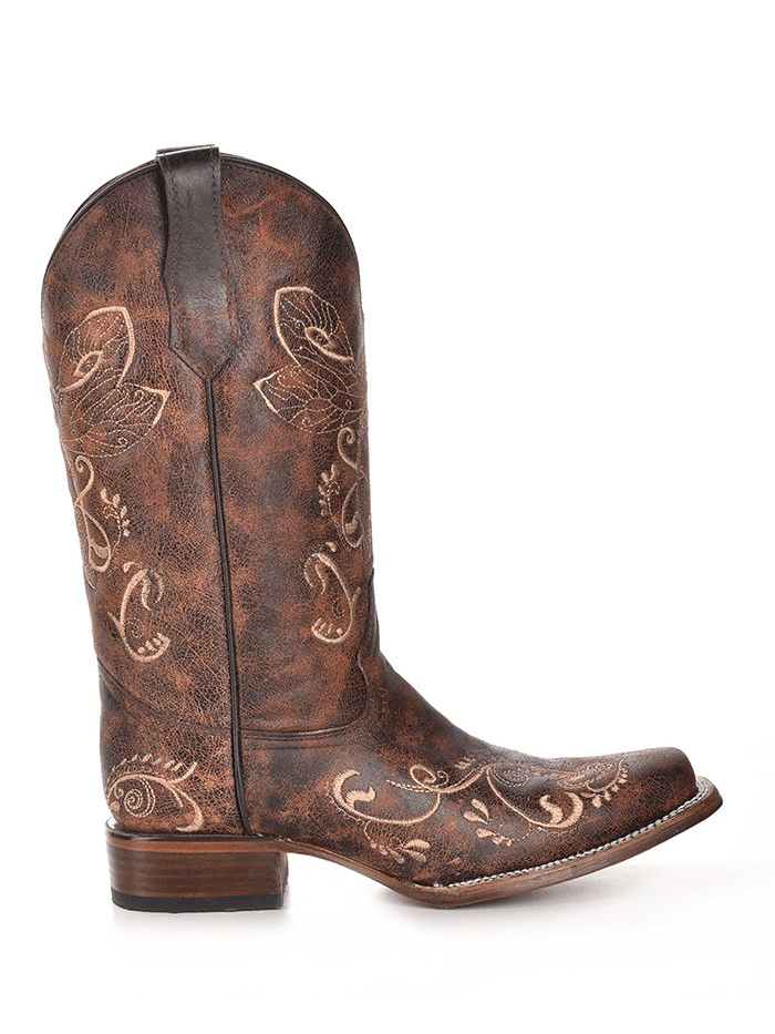 Circle G L5079 Ladies Bone Dragonfly Embroidery Square Toe Boots Brown front and side. If you need any assistance with this item or the purchase of this item please call us at five six one seven four eight eight eight zero one Monday through Saturday 10:00a.m EST to 8:00 p.m EST