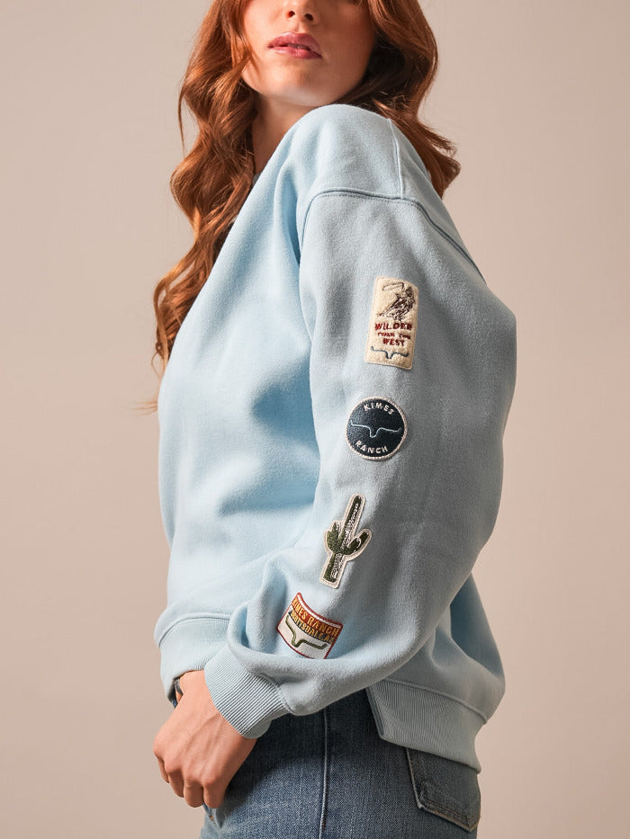 Kimes Ranch SAGUARO PATCH Womens Sweater Faded Denim front view. If you need any assistance with this item or the purchase of this item please call us at five six one seven four eight eight eight zero one Monday through Saturday 10:00a.m EST to 8:00 p.m EST