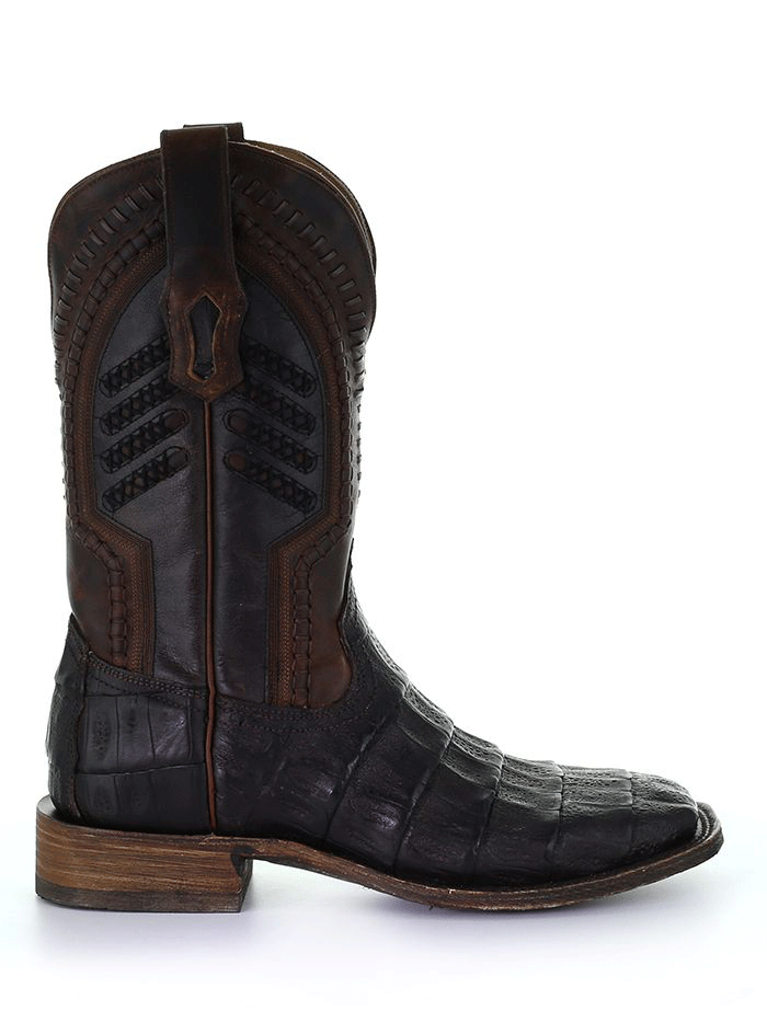 Corral A3878 Mens Embroidery And Woven Square Toe Caiman Boot Oil Brown front and side view. If you need any assistance with this item or the purchase of this item please call us at five six one seven four eight eight eight zero one Monday through Saturday 10:00a.m EST to 8:00 p.m EST