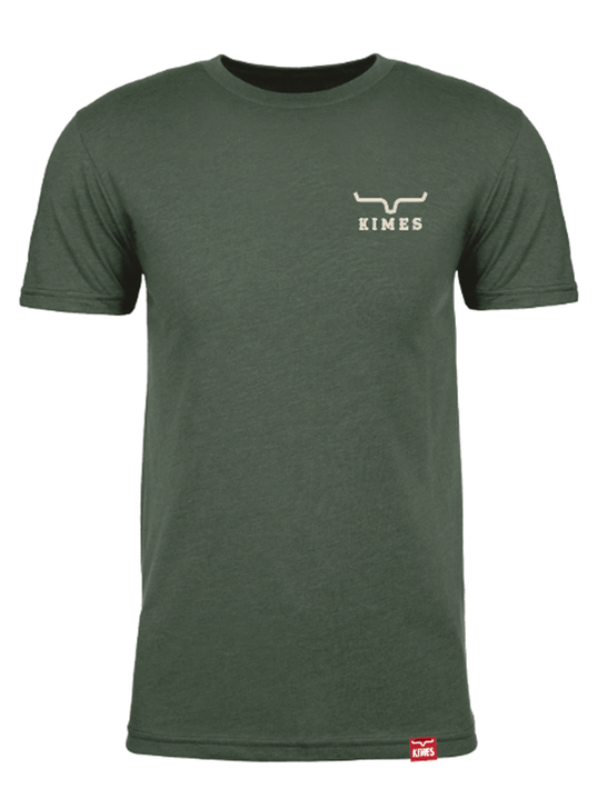 Kimes Ranch HEAVY TEXT Mens Short Sleeve Graphic T-Shirt Heather Forest Green front view. If you need any assistance with this item or the purchase of this item please call us at five six one seven four eight eight eight zero one Monday through Saturday 10:00a.m EST to 8:00 p.m EST