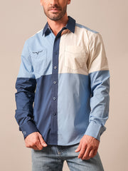 Kimes Ranch ZT BLOCK PARTY Mens Zach Top Western Shirt Mid Blue front view. If you need any assistance with this item or the purchase of this item please call us at five six one seven four eight eight eight zero one Monday through Saturday 10:00a.m EST to 8:00 p.m EST