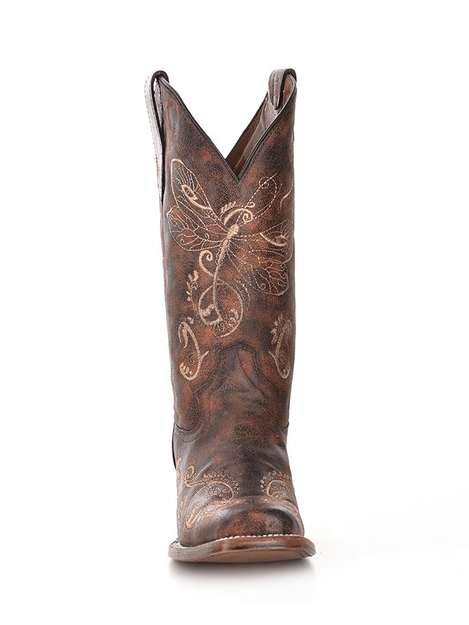 Circle G L5079 Ladies Bone Dragonfly Embroidery Square Toe Boots Brown front and side. If you need any assistance with this item or the purchase of this item please call us at five six one seven four eight eight eight zero one Monday through Saturday 10:00a.m EST to 8:00 p.m EST