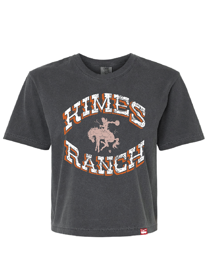 Kimes Ranch LUCKY B BUCKING Womens Short Sleeve Cropped Tee Pepper Grey front view. If you need any assistance with this item or the purchase of this item please call us at five six one seven four eight eight eight zero one Monday through Saturday 10:00a.m EST to 8:00 p.m EST