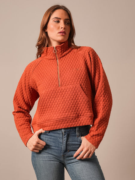 Kimes Ranch RITA-BR Womens Quilted Quarter Zip Cropped Pullover Burnt Red front view. If you need any assistance with this item or the purchase of this item please call us at five six one seven four eight eight eight zero one Monday through Saturday 10:00a.m EST to 8:00 p.m EST