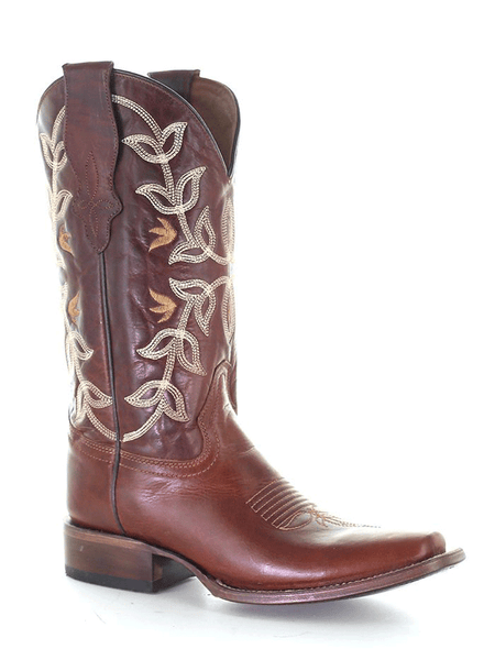 Circle G L2000 Ladies Floral Embroidery Square Toe Boot Cognac side / front view. If you need any assistance with this item or the purchase of this item please call us at five six one seven four eight eight eight zero one Monday through Saturday 10:00a.m EST to 8:00 p.m EST