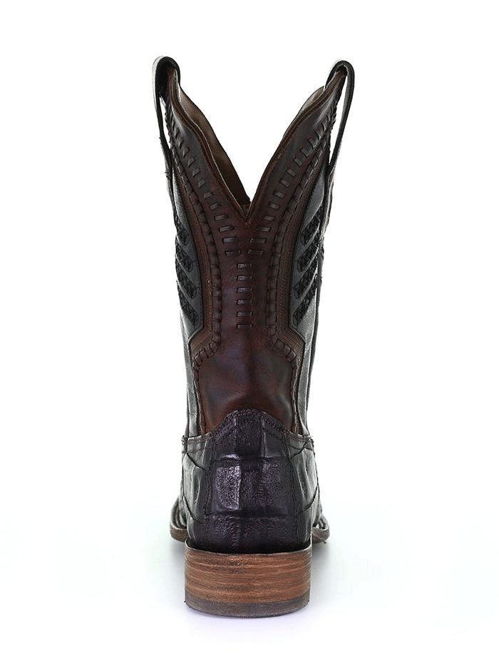 Corral A3878 Mens Embroidery And Woven Square Toe Caiman Boot Oil Brown front and side view. If you need any assistance with this item or the purchase of this item please call us at five six one seven four eight eight eight zero one Monday through Saturday 10:00a.m EST to 8:00 p.m EST