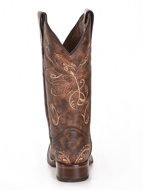 Circle G L5079 Ladies Bone Dragonfly Embroidery Square Toe Boots Brown front and side. If you need any assistance with this item or the purchase of this item please call us at five six one seven four eight eight eight zero one Monday through Saturday 10:00a.m EST to 8:00 p.m EST