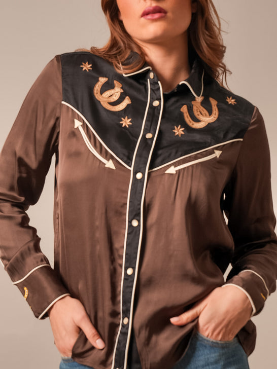 Kimes Ranch MERADA-BLK Womens Western Shirt Black front view. If you need any assistance with this item or the purchase of this item please call us at five six one seven four eight eight eight zero one Monday through Saturday 10:00a.m EST to 8:00 p.m EST