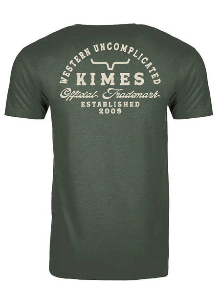 Kimes Ranch HEAVY TEXT Mens Short Sleeve Graphic T-Shirt Heather Forest Green back view. If you need any assistance with this item or the purchase of this item please call us at five six one seven four eight eight eight zero one Monday through Saturday 10:00a.m EST to 8:00 p.m EST
