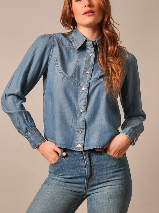 Kimes Ranch CECE Womens Western Shirt Indigo front view. If you need any assistance with this item or the purchase of this item please call us at five six one seven four eight eight eight zero one Monday through Saturday 10:00a.m EST to 8:00 p.m EST