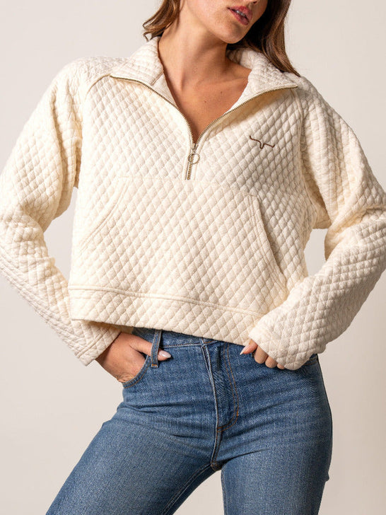 Kimes Ranch RITA-NAT Womens Quilted Quarter Zip Cropped Pullover Natural front view. If you need any assistance with this item or the purchase of this item please call us at five six one seven four eight eight eight zero one Monday through Saturday 10:00a.m EST to 8:00 p.m EST