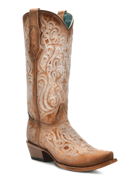 Corral C4144 Ladies Cowhide Embroidery Boot Natural Camel Tan front and side view. If you need any assistance with this item or the purchase of this item please call us at five six one seven four eight eight eight zero one Monday through Saturday 10:00a.m EST to 8:00 p.m EST
