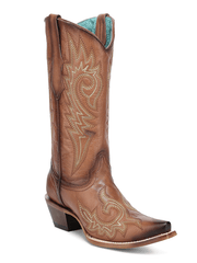 Corral Z5506 Ladies Cowhide Embroidery Shedron Flames Boot Tan front and side view. If you need any assistance with this item or the purchase of this item please call us at five six one seven four eight eight eight zero one Monday through Saturday 10:00a.m EST to 8:00 p.m EST