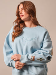 Kimes Ranch SAGUARO PATCH Womens Sweater Faded Denim front view. If you need any assistance with this item or the purchase of this item please call us at five six one seven four eight eight eight zero one Monday through Saturday 10:00a.m EST to 8:00 p.m EST