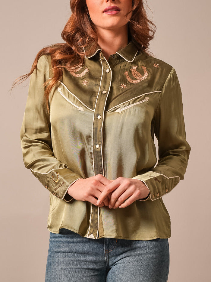 Kimes Ranch MERADA Womens Western Shirt Moss front view. If you need any assistance with this item or the purchase of this item please call us at five six one seven four eight eight eight zero one Monday through Saturday 10:00a.m EST to 8:00 p.m EST